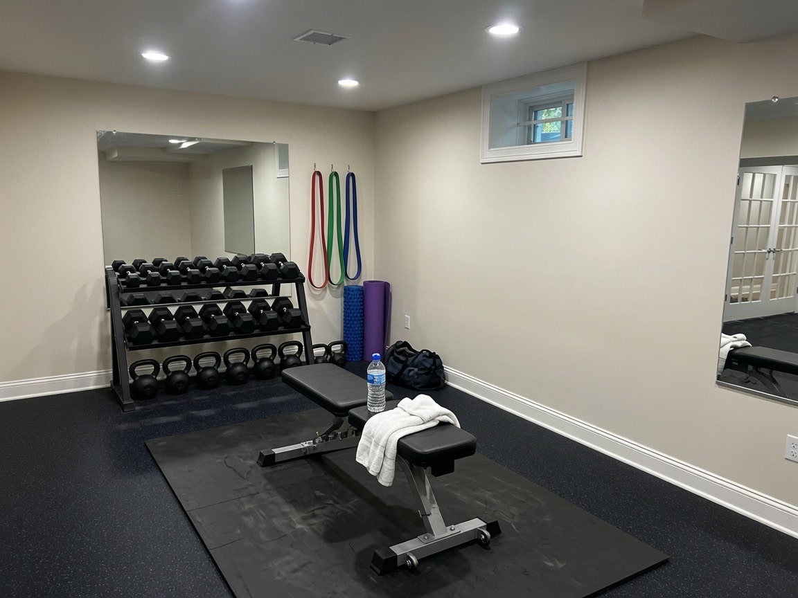 Rubber Flooring Used In A Basement Home Gym In Connecticut.